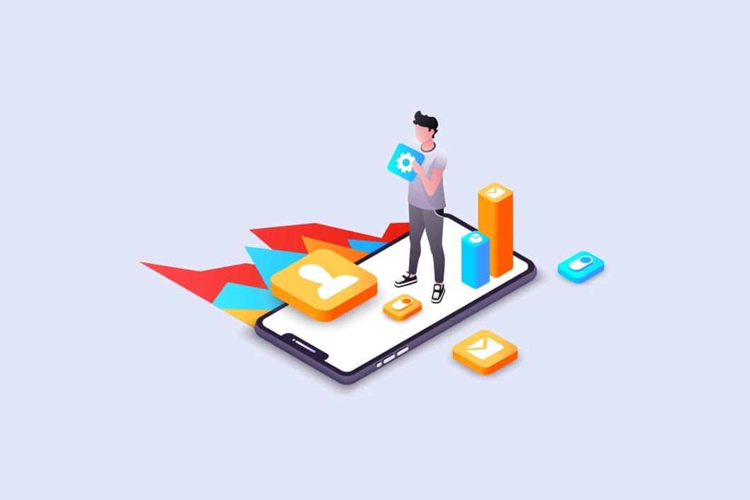 A person is standing on a mobile phone, with various in & out of it about graphs, personal contacts, SMS & other app icons