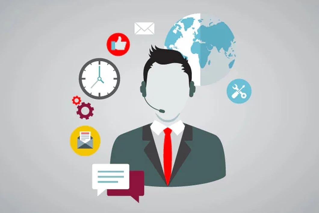 A man with A grey coat, red tie is there by wearing headphone with mike where image of a clock, mail, thumbs up sign and a picture of the earth is there at the background
