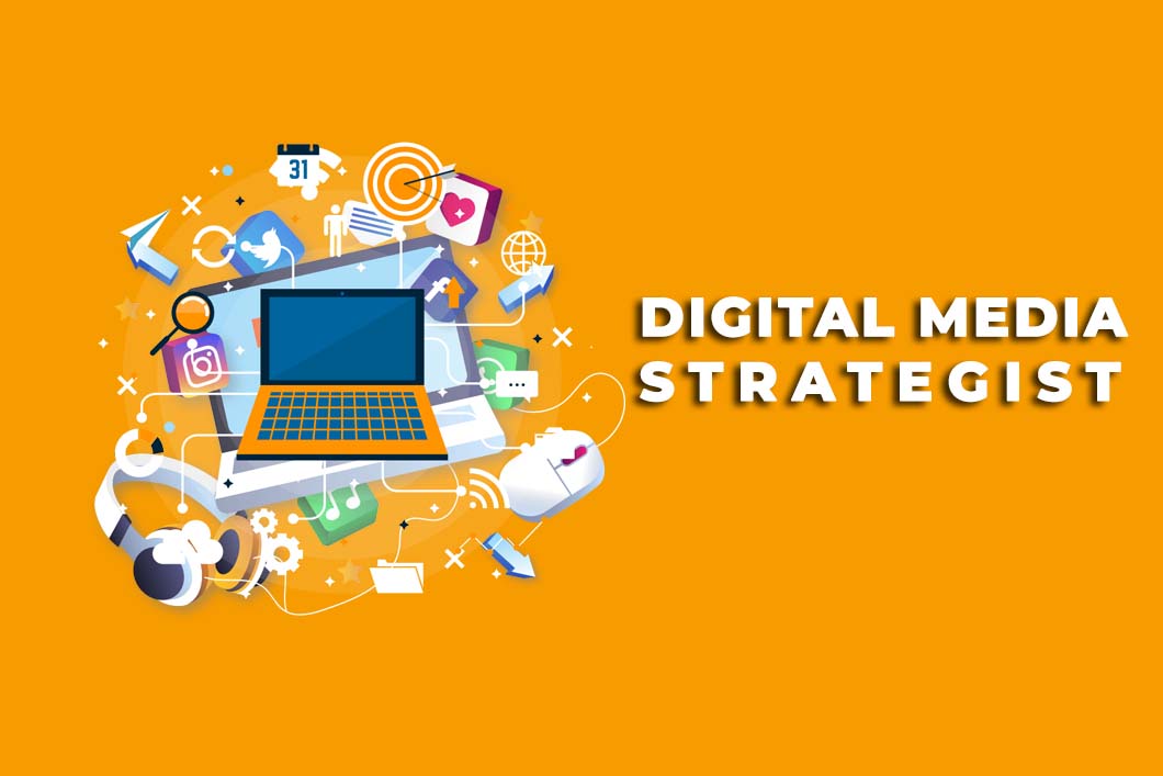 clip art of a laptop with pictures of mouse, instagram logo, headphones, twitter logo, music ringing, whatsapp logo, facebook logo, telegram logo and many more apps found on laptop are seen around it labeled as Digital Marketing Strategist at Myra's Academy.